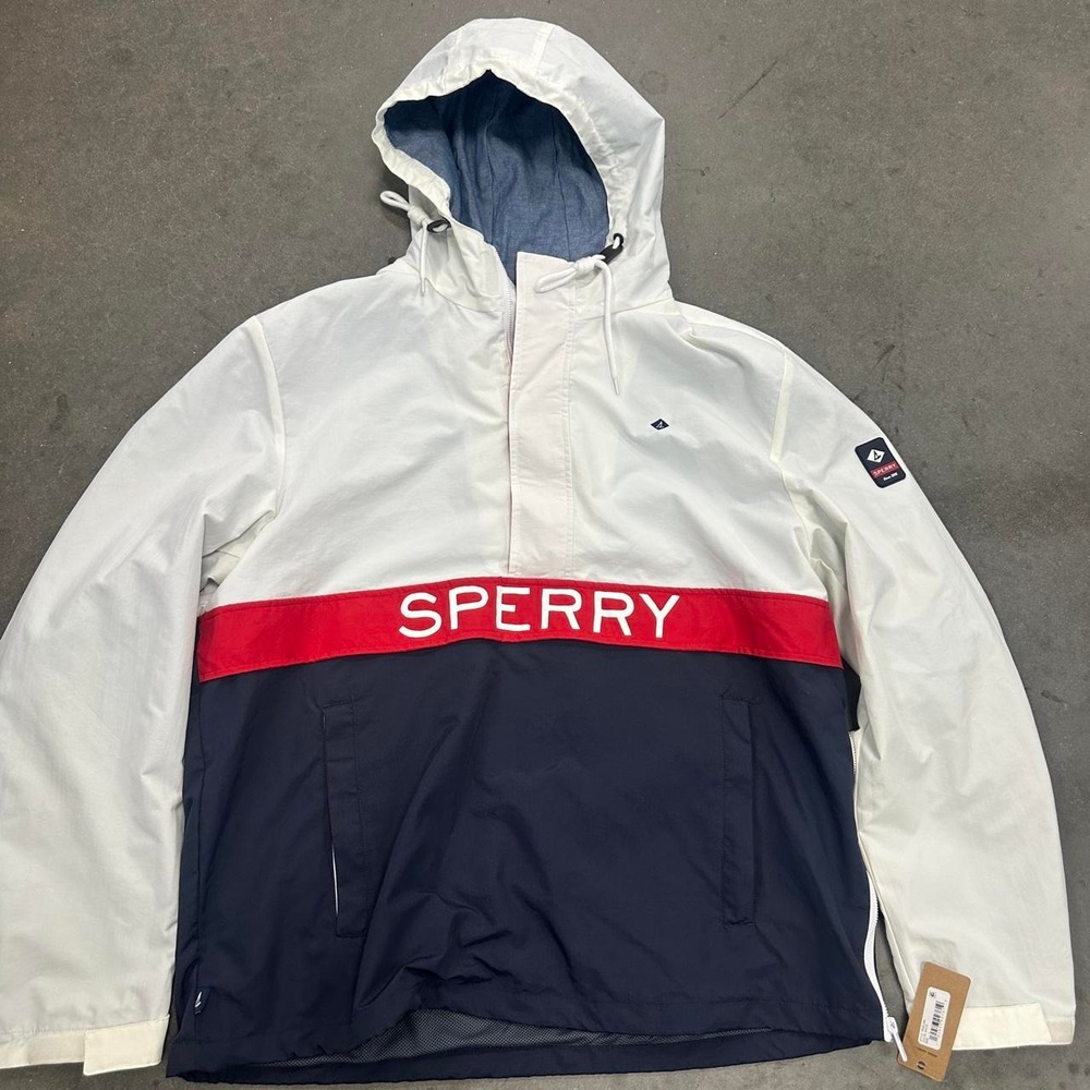 NWT Sperry white navy Hooded Windbreaker Size Large